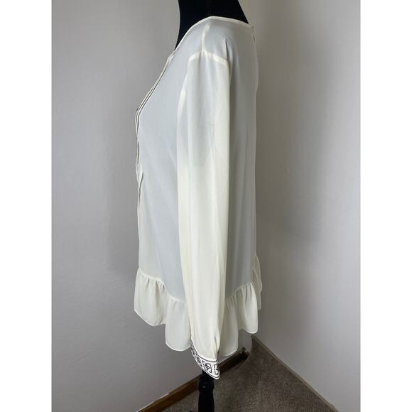 KLD Signature Women's Ruffle Hem Sequin Beaded Embroidered Sheer Blouses Cream L - Picture 7 of 13